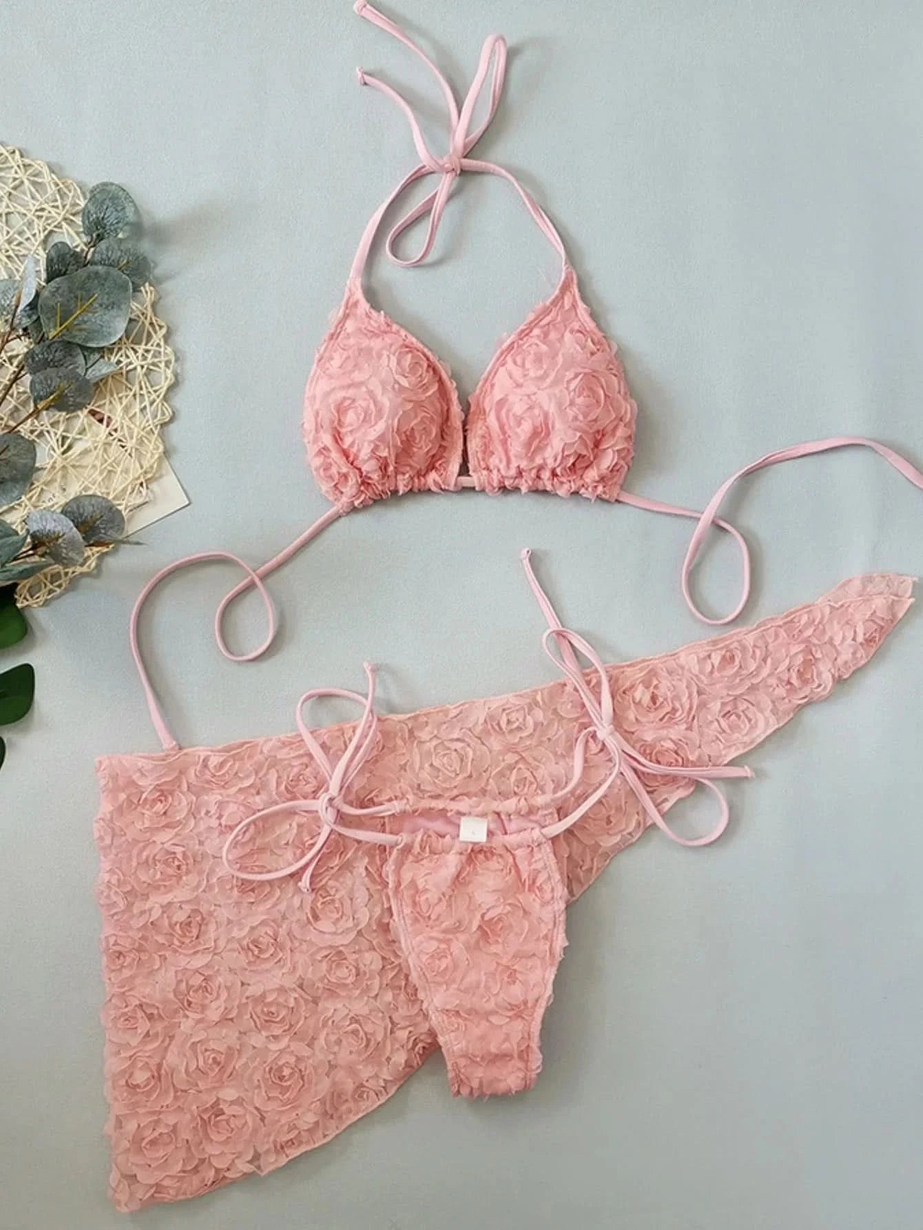 Women's Sexy 3 Piece Bikini Set 3D Flower Beach Skirt Swimsuit Pure Pink Triangle Halter Backless Thong Swimwear 2025 Summer New - M & M Global