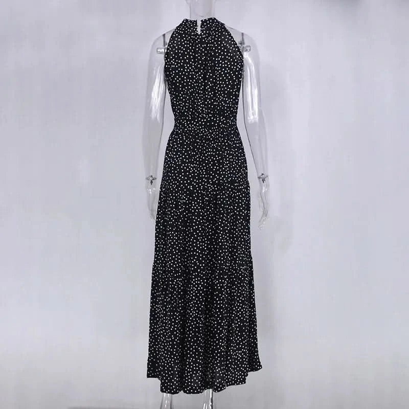 Summer Floral Print Halter Neck Dresses For Women Sleeveless Leace-up Long Dress Casual Beach Holiday Vestidos Female Clothing - M & M Global