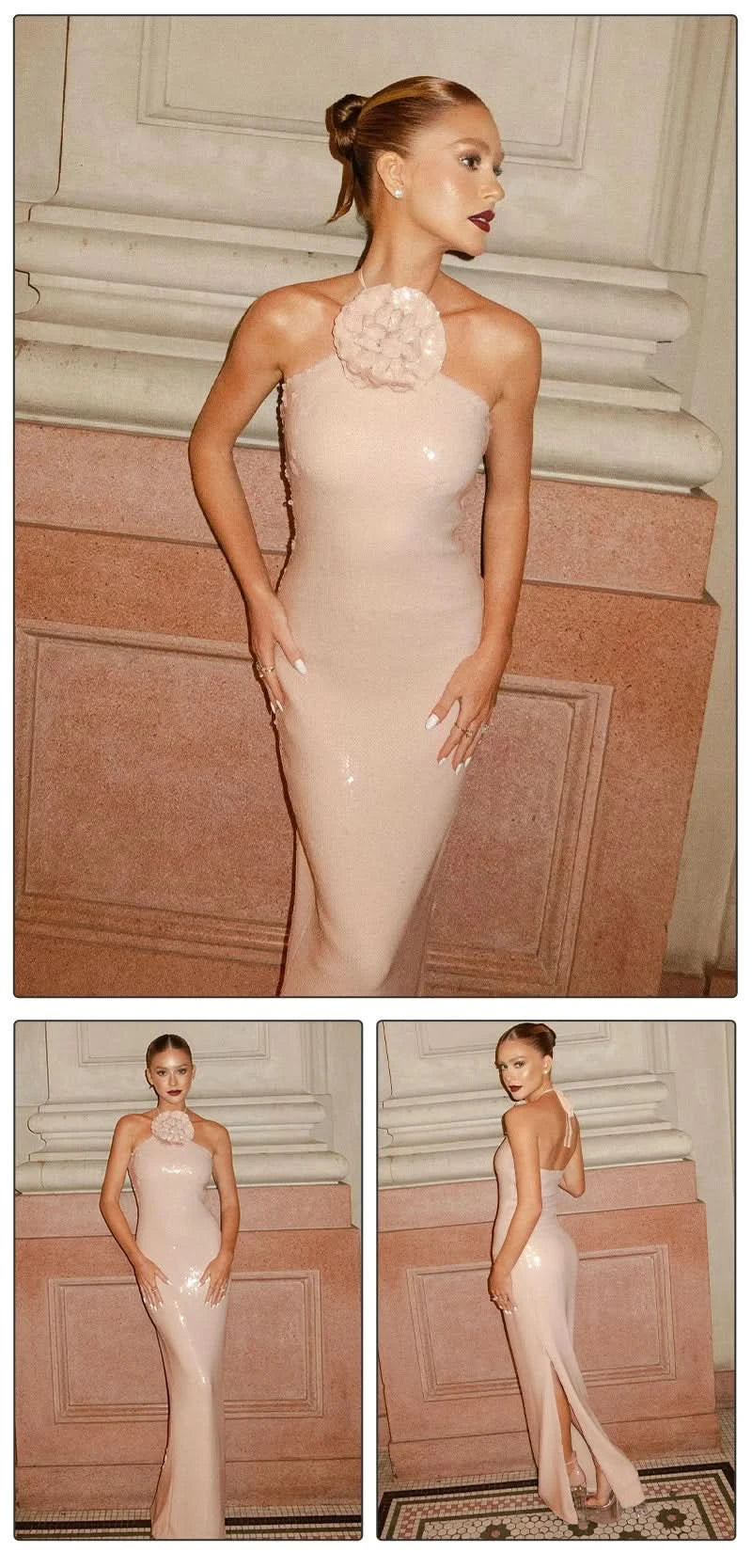 VC Women Elegant 3D Flowers Halter Backless Sexy Club Sequin Bodycon Prom Long Dress Party Festival Split Dress - M & M Global