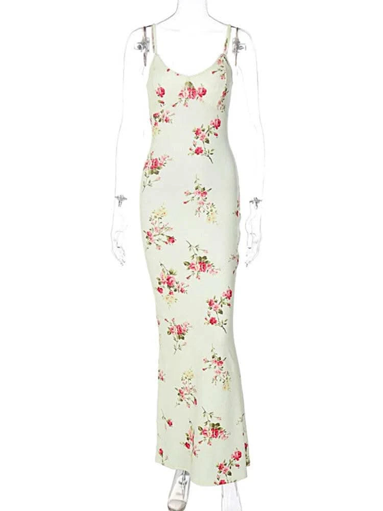 Dulzura Floral Print Strap Midi Dress For Women Bodycon Sexy Party Clothes 2024 Summer Long Dress Y2K Clothes Evening Holiday - M & M Global