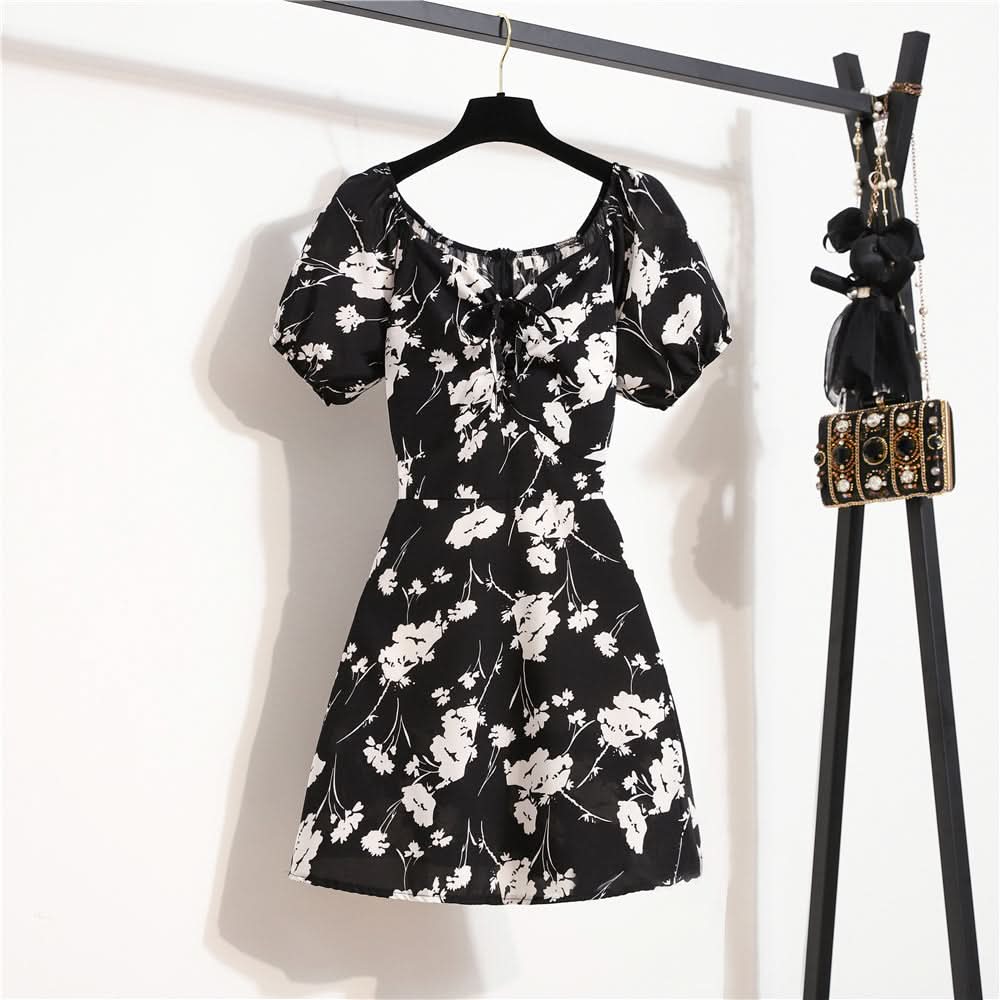Women Mini Dresses Summer Fashion Female Vestidos Print Floral Chiffon Dresses Shirring Pleated Short Puffy Sleeve Casual Dress - M & M Global
