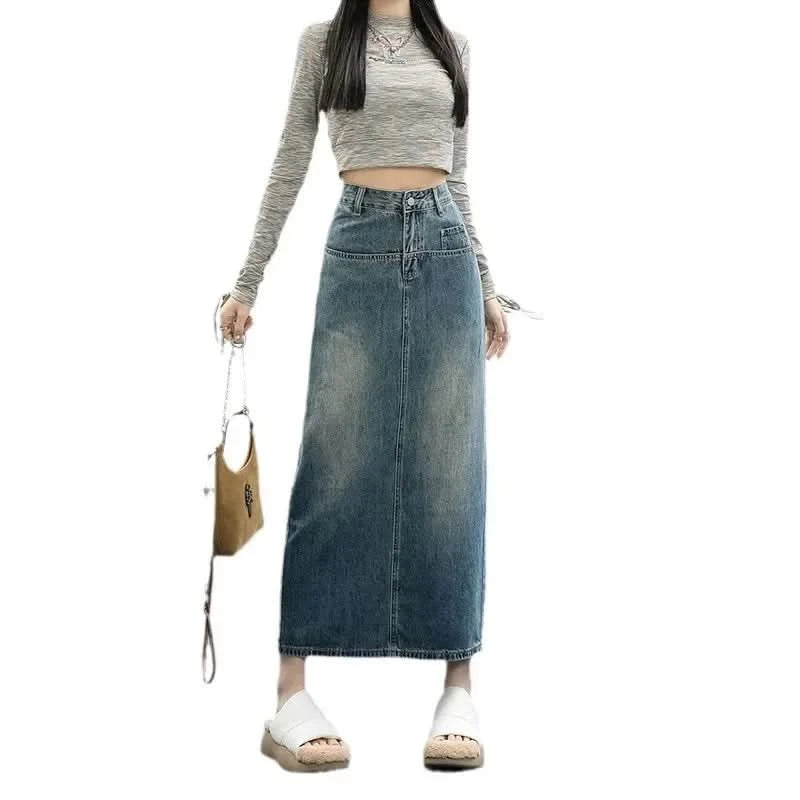 Elegant Women's Vintage Denim Skirt High-waisted A- line Long Dress Versatile Side Slit Spring Season Fashion - M & M Global