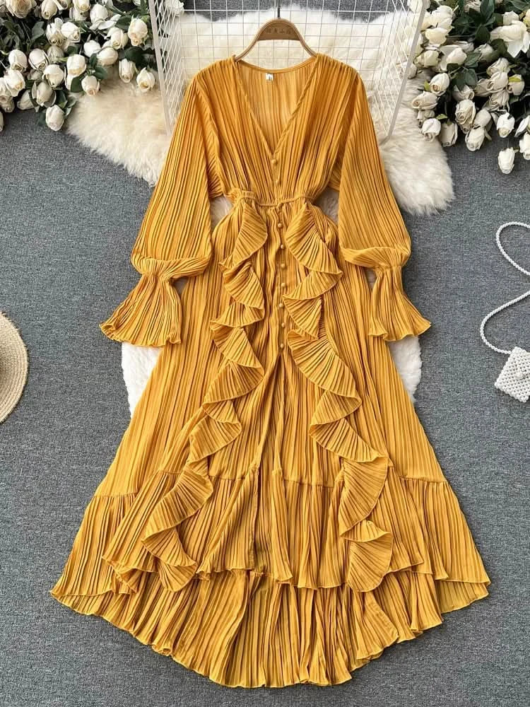 Purple/Brown/Red Chiffon Pleated Long Dress Women Vintage V-Neck Flare Sleeve Draped Ruffle Vestido Female Maxi Robe Spring Fall - M & M Global
