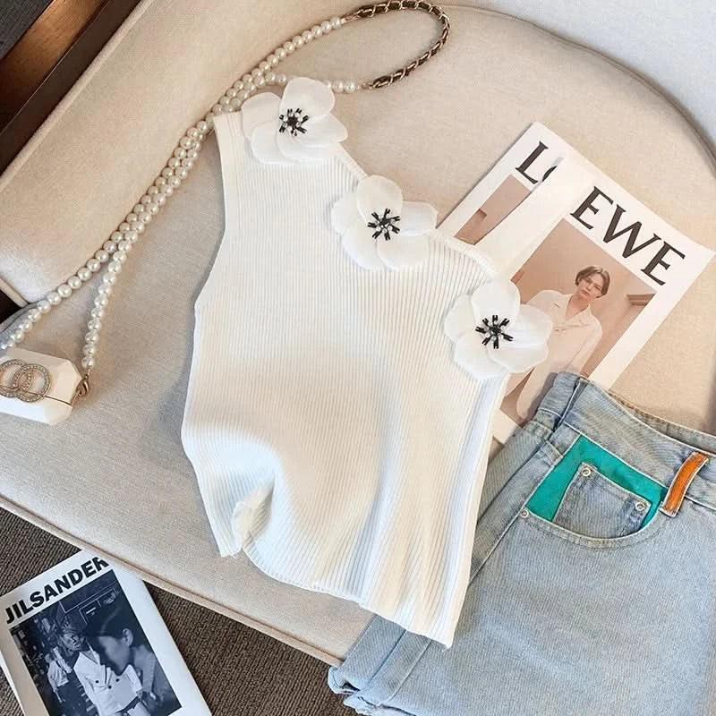 Solid Stereo Flower Asymmetric Neckline Knitted Top, Elegant Sleeveless Top For Summer & Spring, Women's Clothing - M & M Global