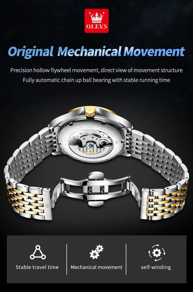 OLEVS Luxury Brand Men's Watches Luminous Waterproof Fully Automatic Mechanical Watch Starry Sky Dial Moon Phase Hollow Out - M & M Global