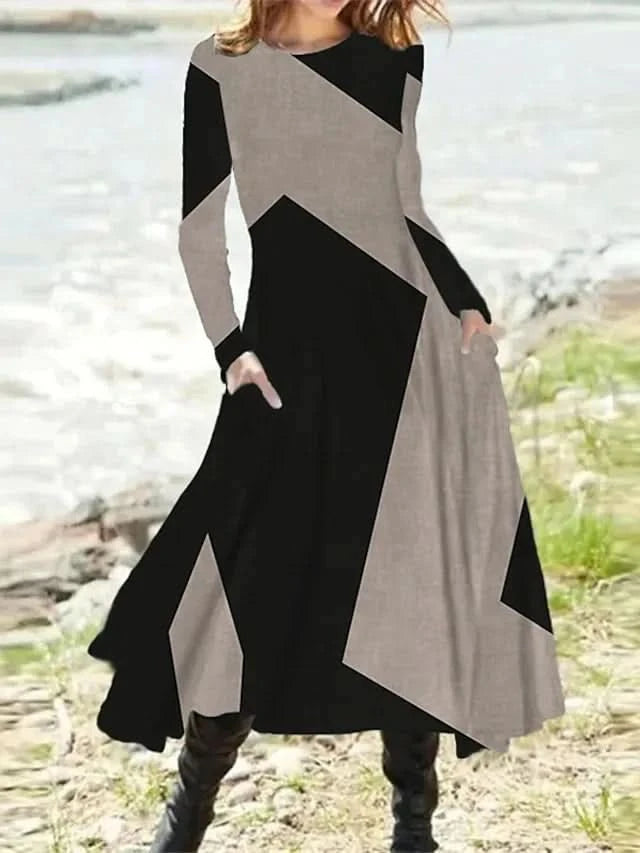 Long Dress Casual Eid Style Retro Autumn and Winter Long Sleeved Oversized Swing Maxi Dresses Patchwork Streetwear Vestidos - M & M Global