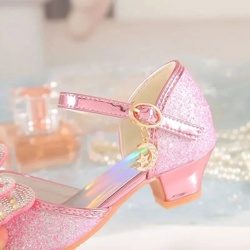 Summer Girls Sandals With Heel Fashion Rhinestone Shiny Glitter Shoes Children Princess Bowtie Pearl Dancing Shoes H876 - M & M Global