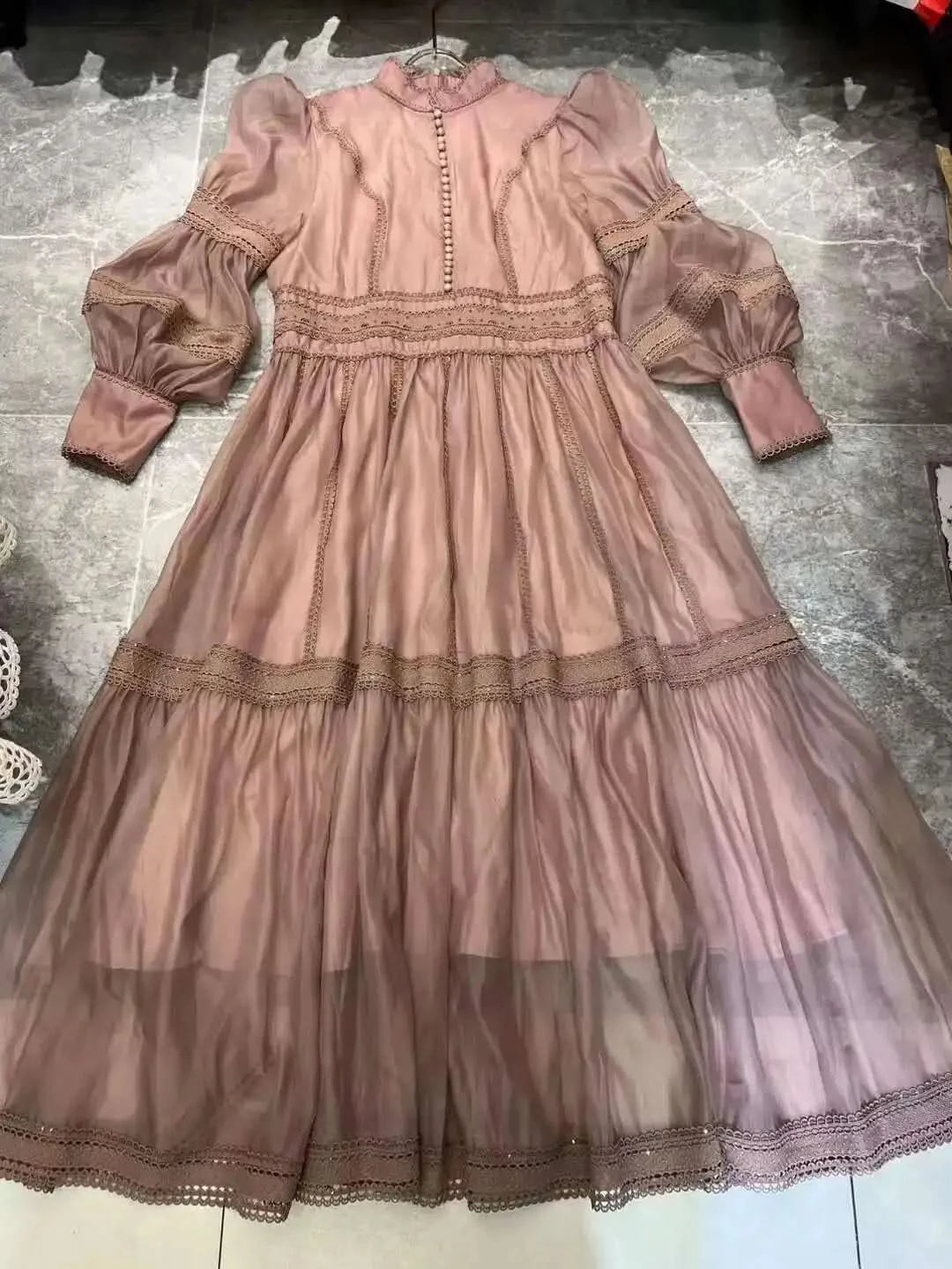 UCXQ Elegant Long Dress Fairy Style Stand Up Collar Lantern Sleeves Splicing Waist Fashion Dresses Women 2025 Spring Autumn 1351 - M & M Global