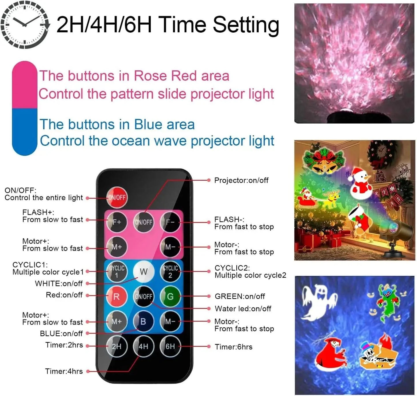 Halloween Christmas Projector Lights Outdoor 16 HD Slides, 2 in 1 Water Wave Lamp with Color Patterns, Timer & Remote for Party - M & M Global