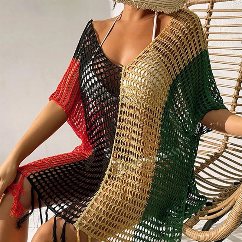 Knitted Contrast Tassel Bikini Summer Beach Cover Up Sexy Hollow Out Women V Neck Loose Beachwear Sunscreen Smock - M & M Global