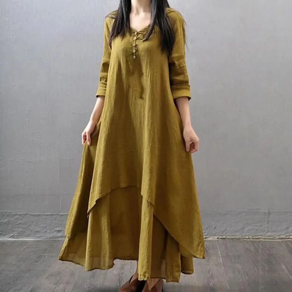 Women Elegant Linen White Dresses Bohemia Layering Vintage Robe Long Sleeve Loose Long Dress Female Autumn Vestidos - M & M Global