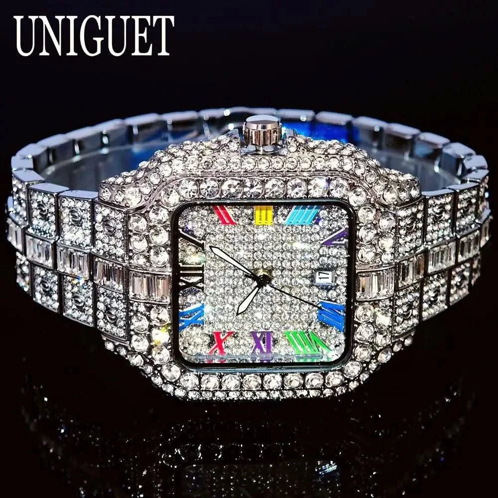 2025 UNIGUET Luxury Diamond Watch For Men With Rainbow Dial Calendar Quartz Watches Fashion Hip Hop Iced Out Wristwatch Man Gift - M & M Global
