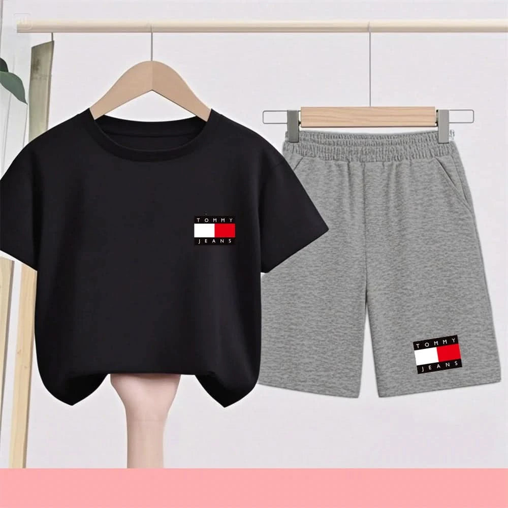 Kids Short sleeve Fashion T-shirt Boys Girls Toddler 3-12Yrs Tops and bottom Sunshine Casual Set outdoor sport black Clothes - M & M Global