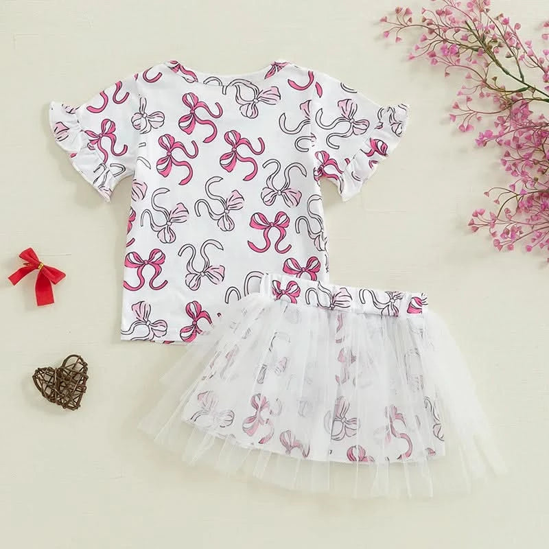 Infant Girls 2-Piece Summer Set with Short Sleeve Bow Print Top and Tulle Skirt - Adorable Baby Clothing for Warm Weather - M & M Global