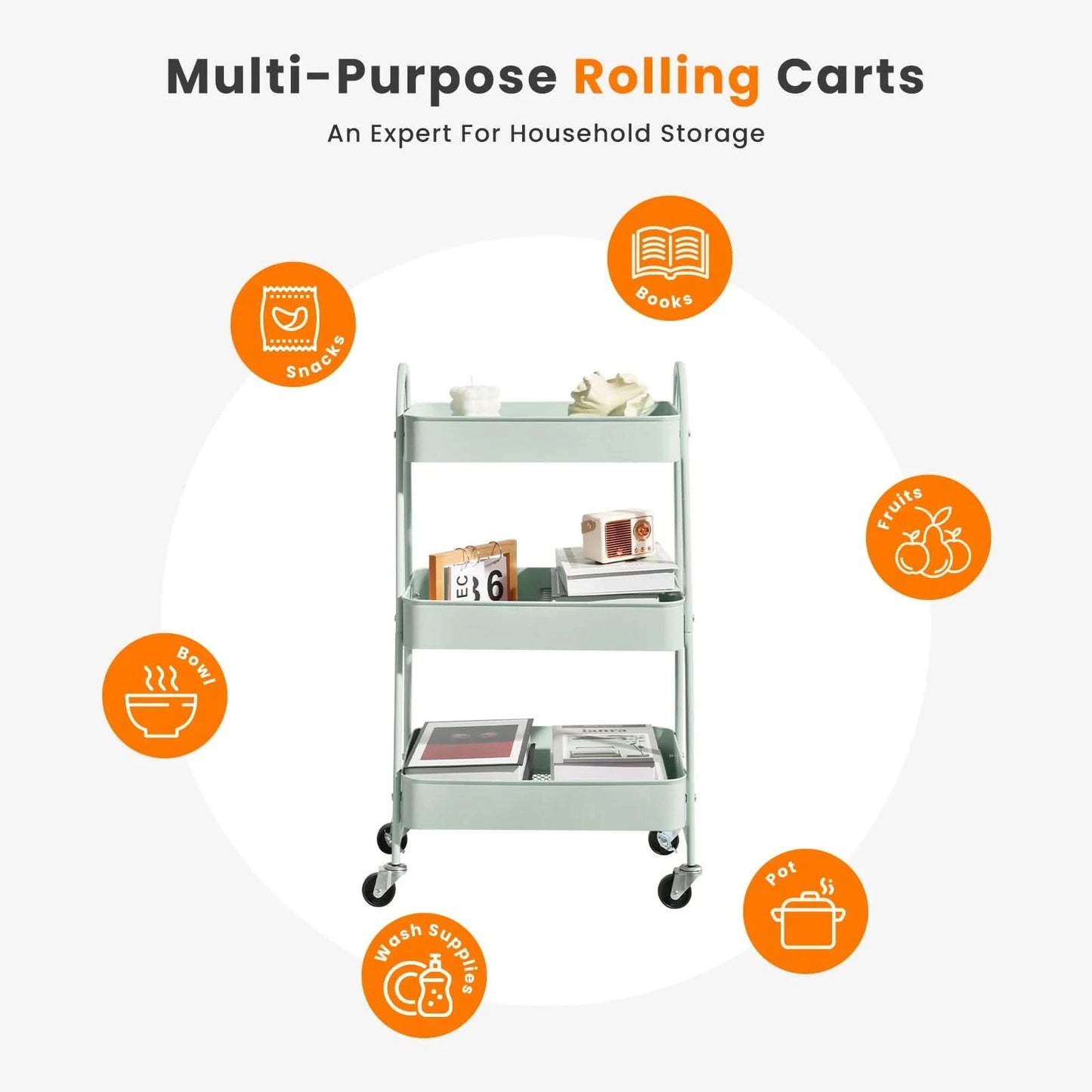 JHK 3 Tier Metal Storage Kitchen Cart with Lockable Wheels Mobile Shelving Unit Utility Rolling Organizer For Home Narrow Places