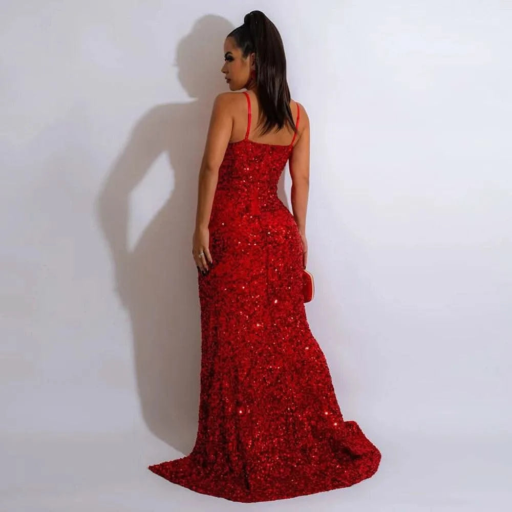 CM.YAYA Women Sequined Tassel Front Spaghetti Strap Sleeveless High Side Slit Maxi Long Dress 2023 Evening Sexy Party Dresses - M & M Global