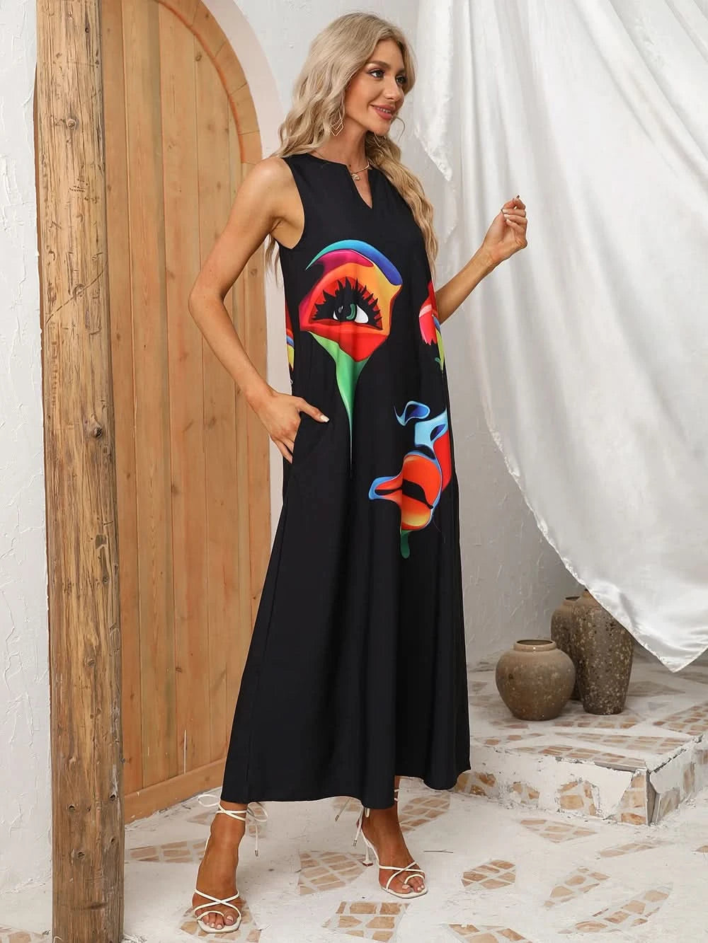Lady Spring Summer Black Long Dress Sleeveless Red Petals Print Elegant Dresses For Women 2023 Party Beach Women Dress - M & M Global