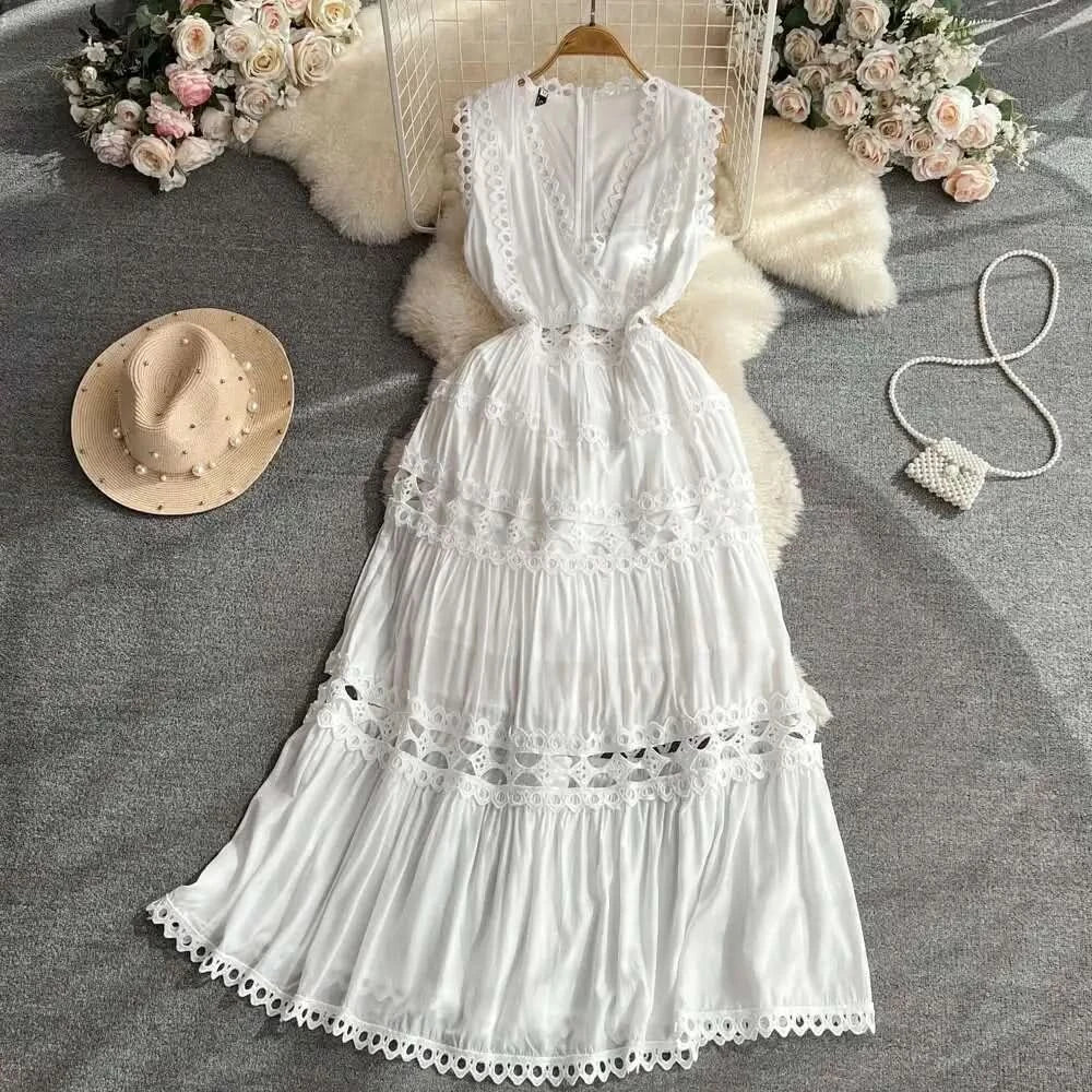 JAMERARY Designer New Summer Holiday White Embroidery Cotton Long Dress Women Sleeveless Midi Prom Evening Dresses Party Robe - M & M Global