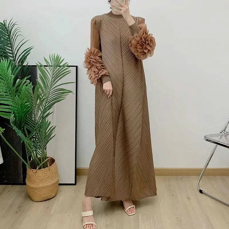 ANLAN Miyake Pleated Maxi Long Dress Mesh Petal Sleeve Half Turtleneck Formal Dresses for Women 2024 New Hot Sales 6KK9927 - M & M Global