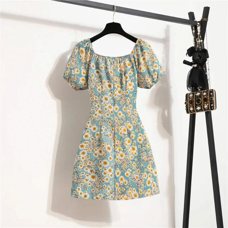 Women Mini Dresses Summer Fashion Female Vestidos Print Floral Chiffon Dresses Shirring Pleated Short Puffy Sleeve Casual Dress - M & M Global