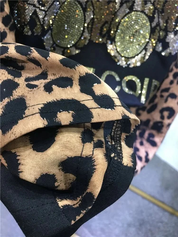 Extra size 300 pounds fat people wear summer women's dress leopard print patchwork bear rhinestone short-sleeved skirt - M & M Global