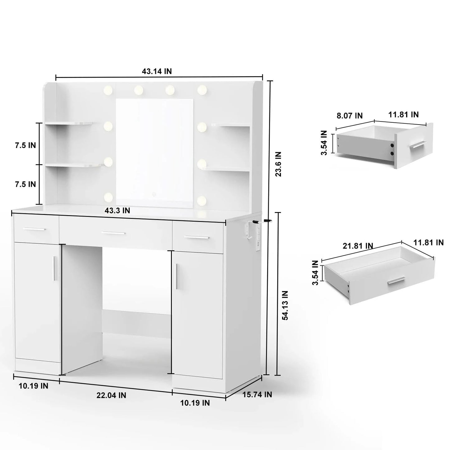 JHK Desser For Bedroom Vanity Desk with Mirror and Lights Adjustable Brightness with 2 Storage Cabinets 3 Drawers 6 Shelves