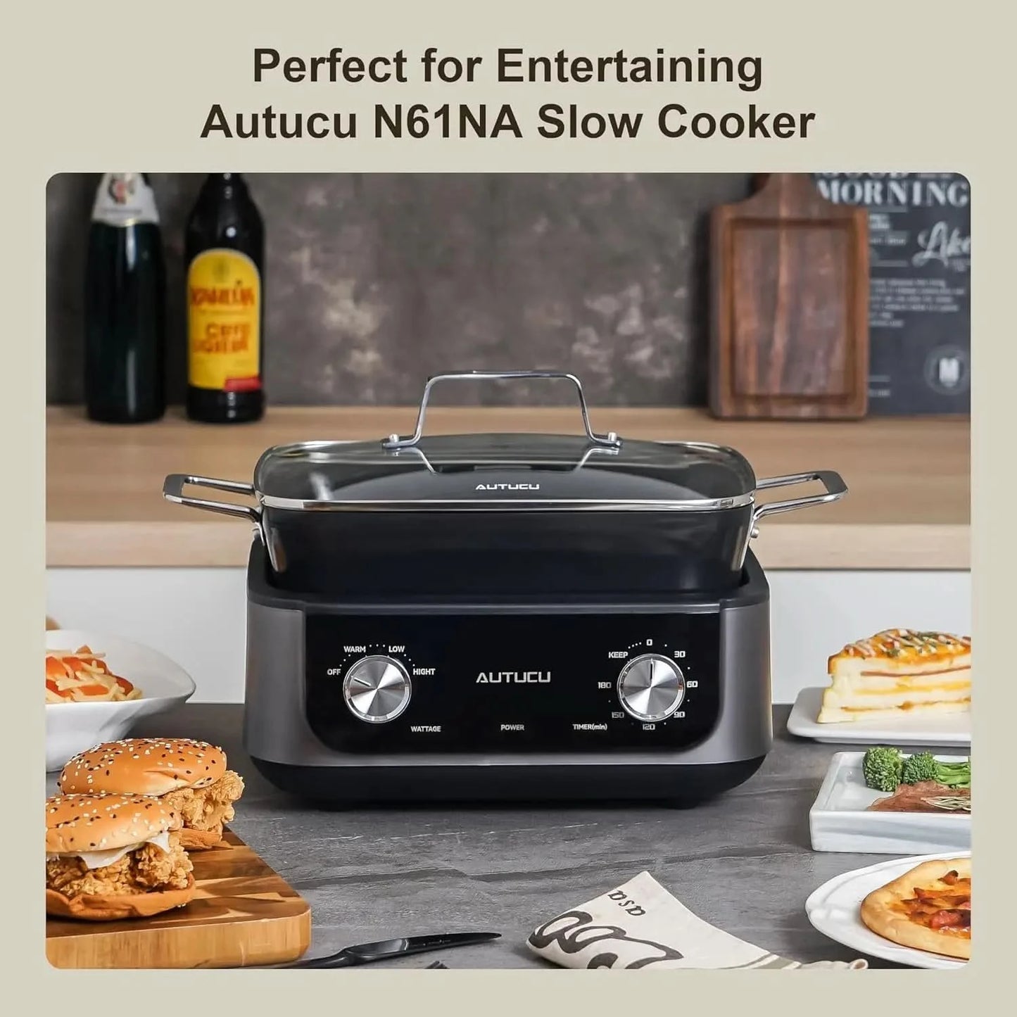 N61NA Nonstick Slow Cooker 7-Quart - PFOA-Free Ceramic-coated, 3 Heat Settings & Timer - Dishwasher & Oven Safe Pot for Effortle - M & M Global