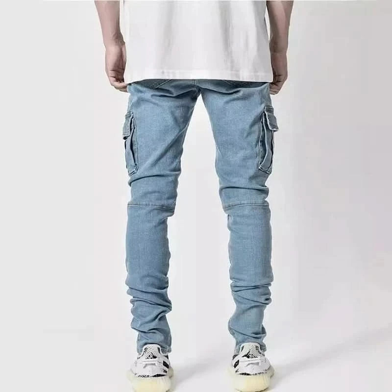Men Street Elastic Denim Jeans Wash Solid Color Multi Pockets Cargo Pants Casual Slim Fit Daily Wear Joggers Mid Waist Trousers - M & M Global