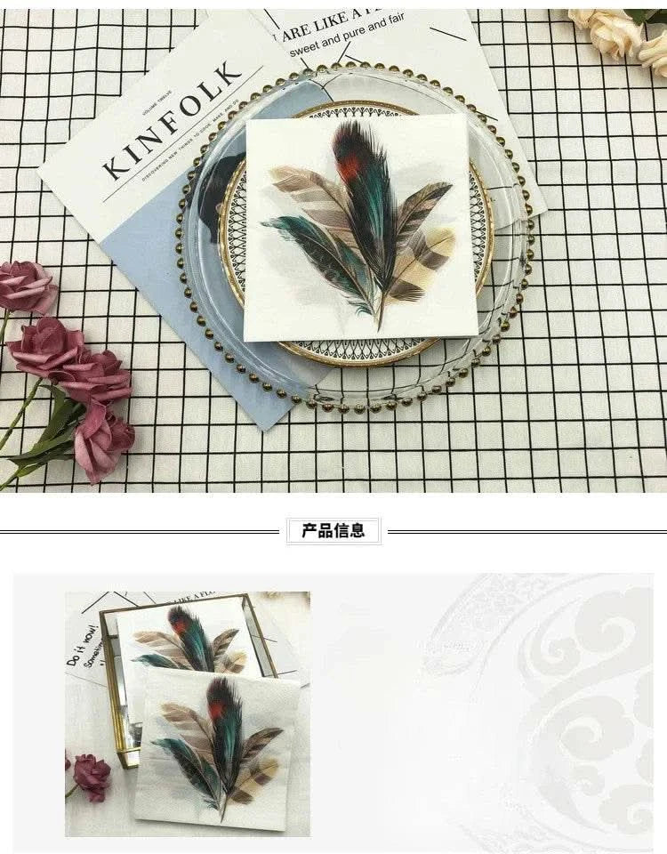20pcs/pac Colourful Printed Napkin Feather Model Tissue Drawing Paper Restaurant Party Gathering Facial Tissue Mouth Cloth - M & M Global