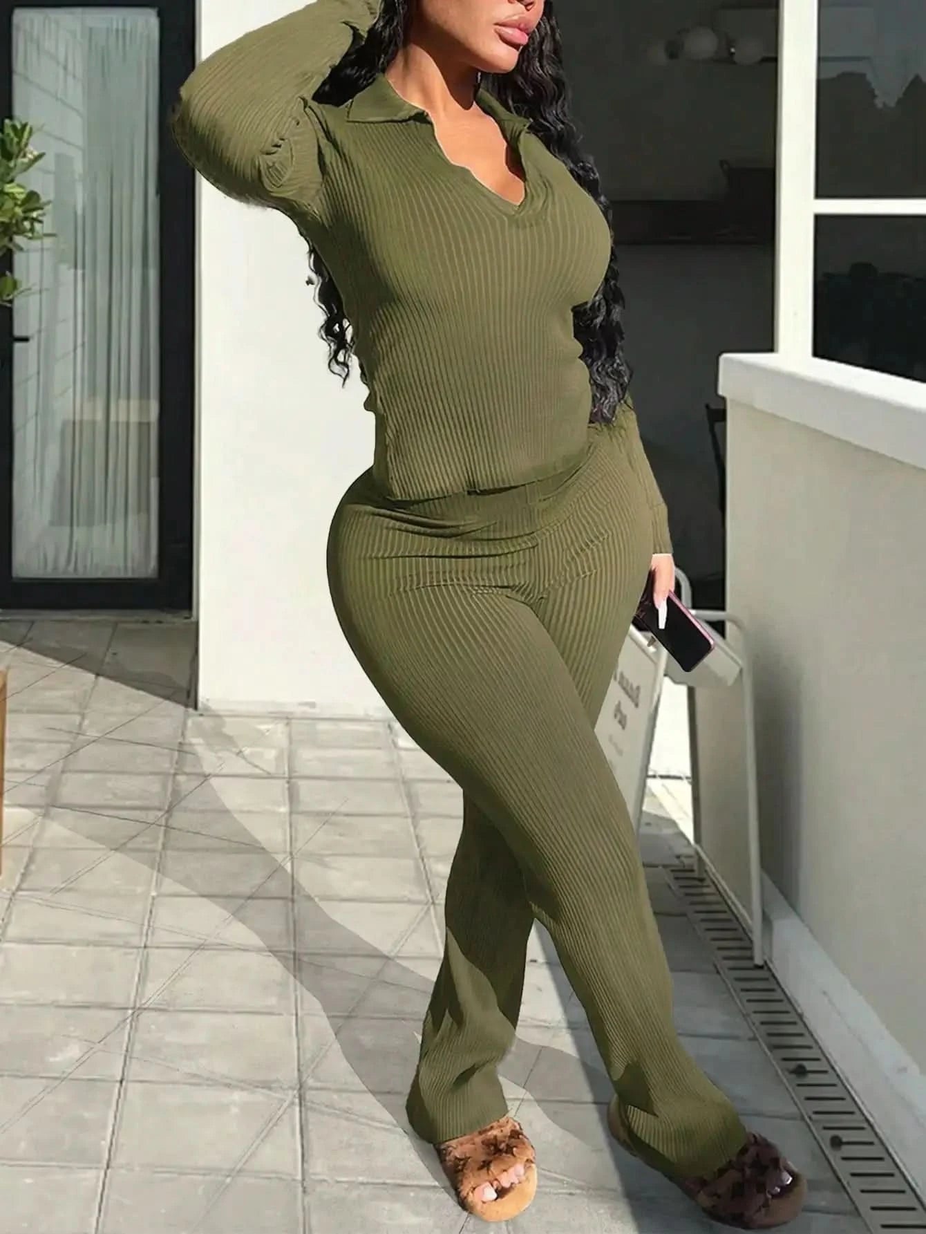 2025 Newest Women's Two-Piece Set Casual Comfortable V-Neck Ribbed Knit Solid Color Long Sleeve Top and Pants