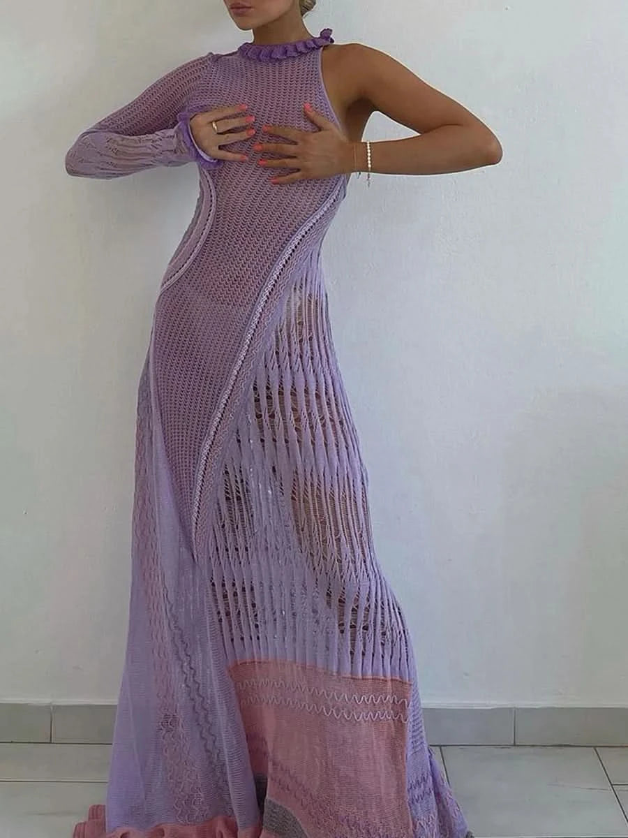Women Sexy Y2k One Shoulder Long Sleeve Crochet Knit Long Dress Summer Beach See Through Party Grunge Club Cover Up Outfits - M & M Global
