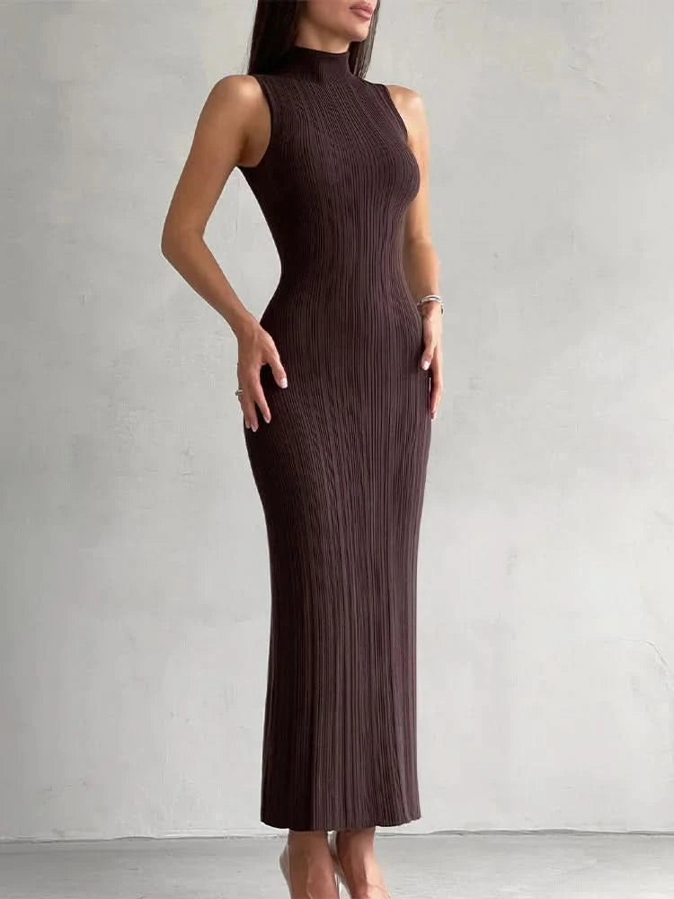 Tossy Sleeveless Knitwear Turtleneck Long Dress Female Slim Elegant Fashion Autumn 2023 Ribbed Knit Dress For Women Maxi Dress - M & M Global