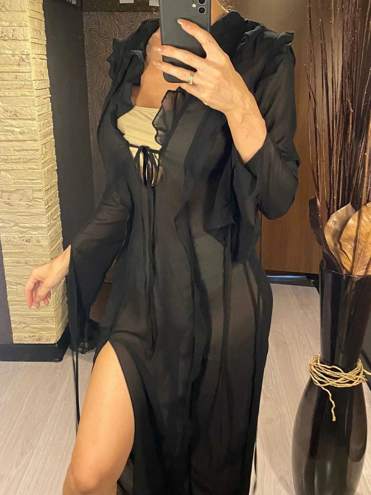 Deep V Neck High Split Long Dress Ruffles Beach Cover Up Bikini Cover-ups Beach Dress Beach Wear Beachwear Female Women V4440 - M & M Global