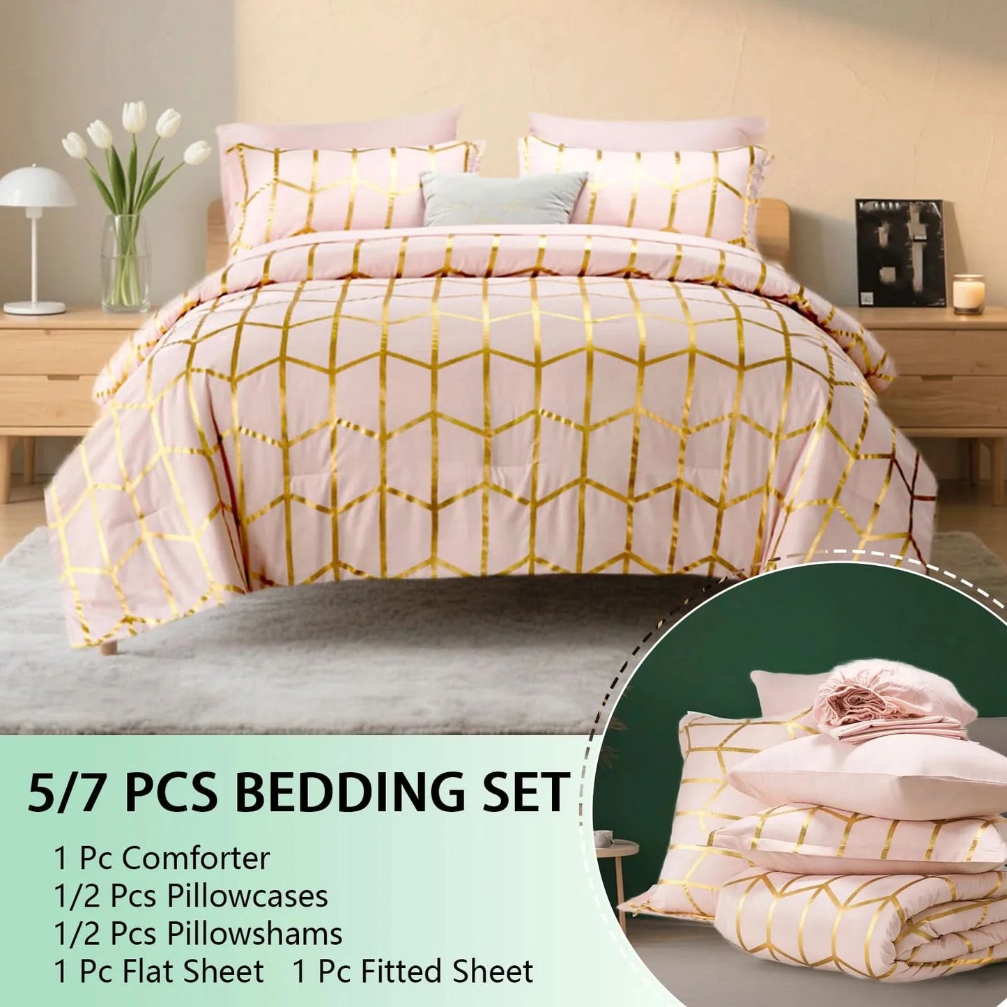 5/7 pcs bedding set with pink and gold geometric pattern on a bed in a bedroom setting.