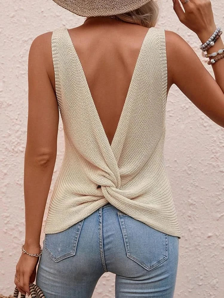 Large back cut and twisted knitted sweater casual sleeveless top for women's summer sweater for women's clothing - M & M Global