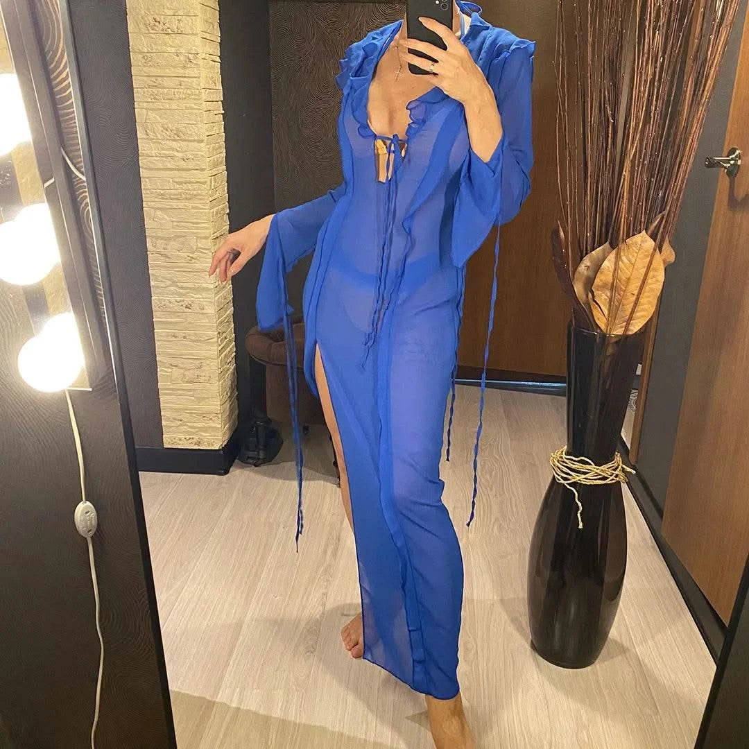Deep V Neck High Split Long Dress Ruffles Beach Cover Up Bikini Cover-ups Beach Dress Beach Wear Beachwear Female Women V4440 - M & M Global