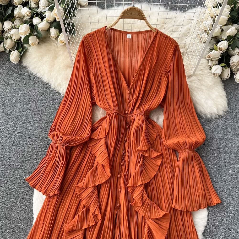 Purple/Brown/Red Chiffon Pleated Long Dress Women Vintage V-Neck Flare Sleeve Draped Ruffle Vestido Female Maxi Robe Spring Fall - M & M Global