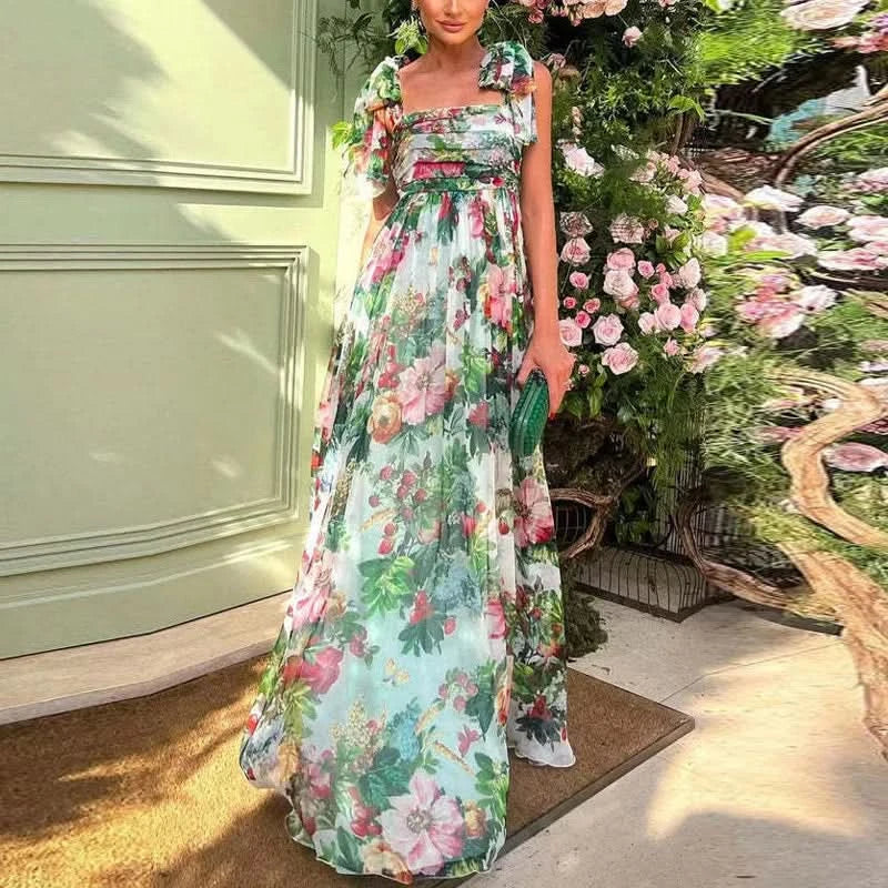 Sexy Summer Party Dress Women Fashion Bow Straps High Waist Pleated Beach Dress Chiffon Casual Floral Print Bohemian Long Dress - M & M Global