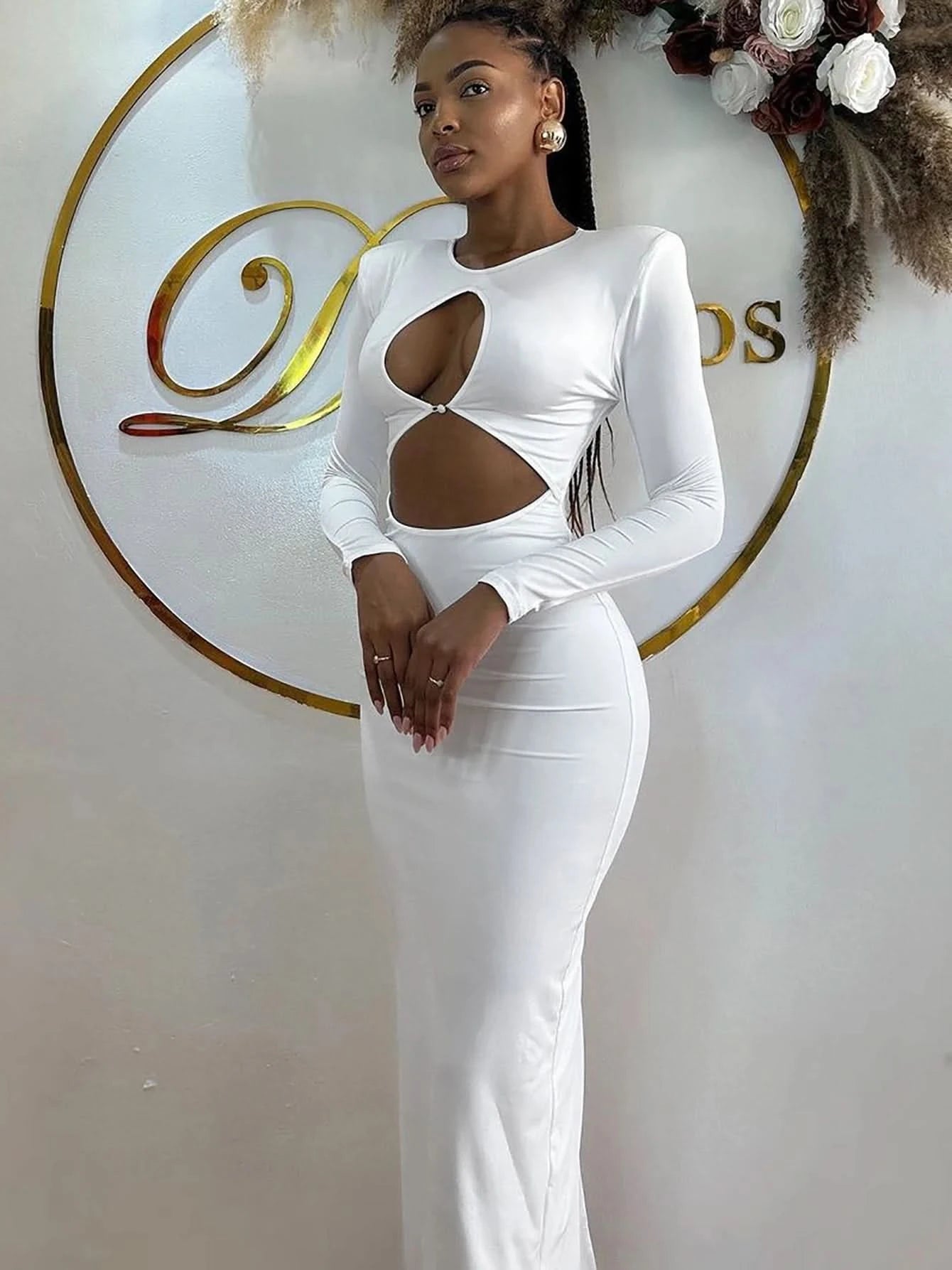 Hawthaw Women 2024 Spring Autumn Sexy Long Sleeve Party Club Hollow Out Bodycon White Long Dress Wholesale Items For Business - M & M Global