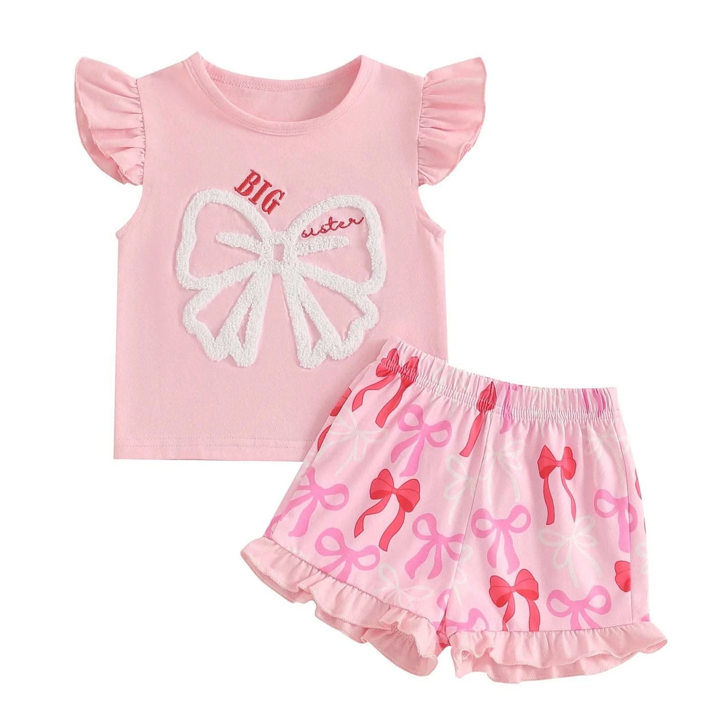 Cute Matching Baby Toddler Brother Outfit Bow Fly Sleeve Tops Elastic Waist Ruffle Shorts 2 Piece Summer Set for Siblings - M & M Global