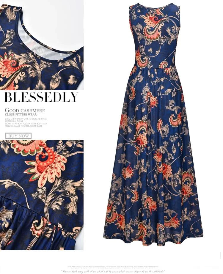 Summer 2024 Sundress O Neck Print Female A-line Beach Bohemian Women Dresses Sexy Boho Elegant Long Dress Robe - M & M Global
