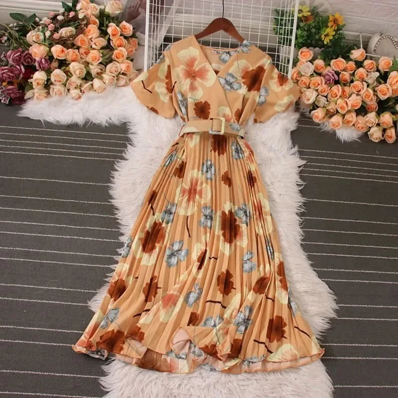 Women Dress Fashion Vintage Ins Bandage Slim Waist A-line Long Dress Vacation Beach Summer Outfits Lady Robe Femme - M & M Global