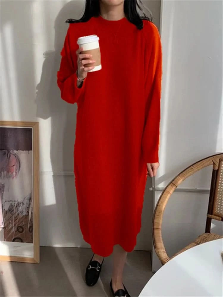 REALEFT Autumn Winter 2023 New O-Neck Casual Loose Knitted Dress Female Straight Long Sleeve Oversize Sweater Womens Long Dress - M & M Global