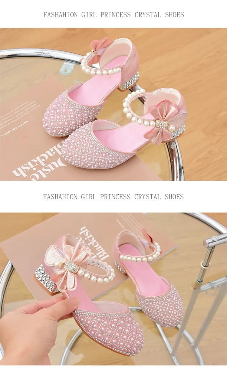 Rhinestones Princess Party Shoes Shiny Crystal Bow White Children High Heels Girls Sandals Summer Kids Student Performance Shoes - M & M Global