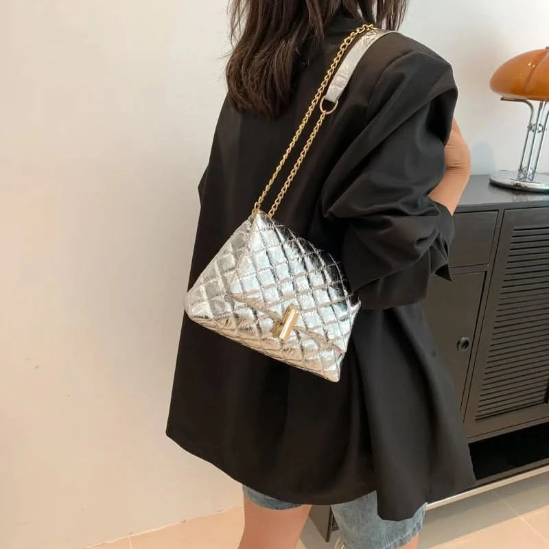 Luxury Laser Design Chevron Quilted Shoulder Bag Women's High Quality Embroidered Thread PU Leather Crossbody Messenger Bag - M & M Global