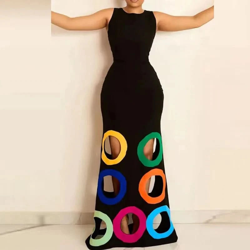 Summer Black Slim Hollow Sexy Party Vacation Long Dress Women's Elegant Casual Sleeveless Sundress New High Waist Evening Dress - M & M Global