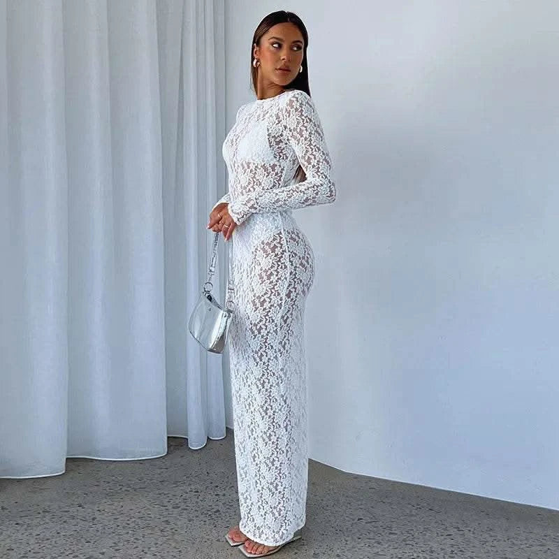 Autumn Fall Women Sexy Lace See Through Streetwear Bodycon Black Long Dress Wholesale Items For Business - M & M Global
