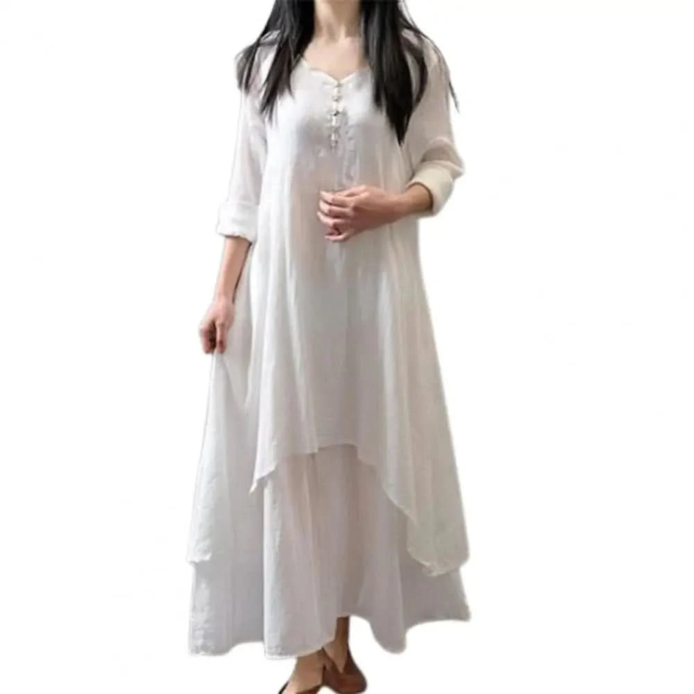 Women Elegant Linen White Dresses Bohemia Layering Vintage Robe Long Sleeve Loose Long Dress Female Autumn Vestidos - M & M Global