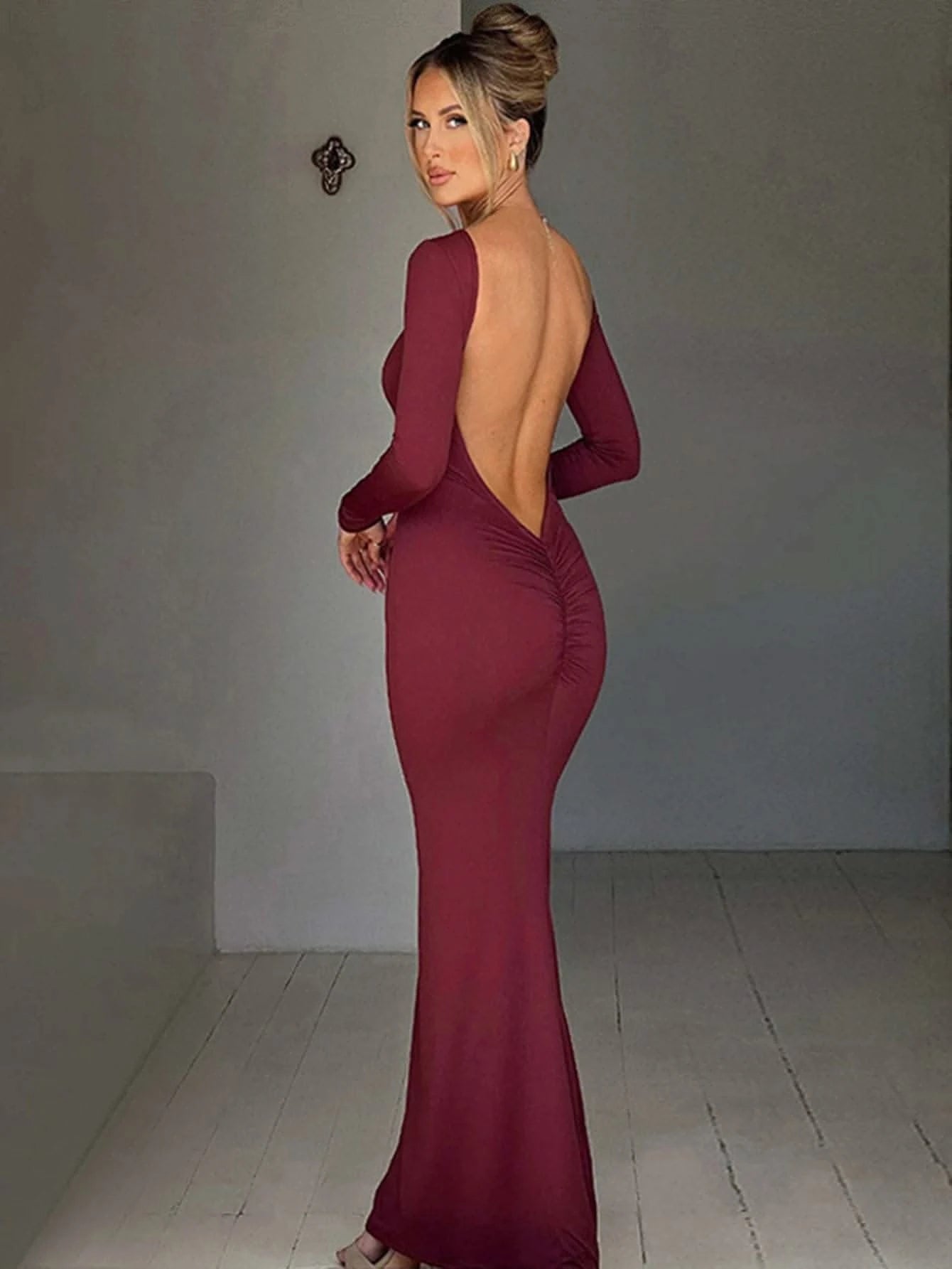 Dulzura O-Neck Long Sleeves Ruched Backless Maxi Dress Solid Sexy Elegant Long Dress Women’S Party Prom Clubwear Autumn Winter - M & M Global