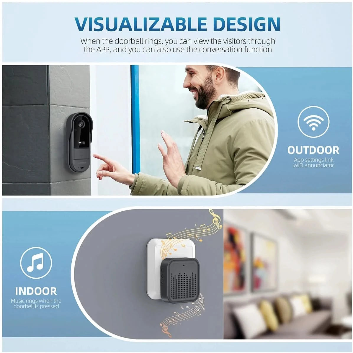 Tuya WiFi doorbell 2-way HD 1080P, microSD/cloud, waterproof, 1000mAh battery, long standby,Wireless Security Camera - M & M Global